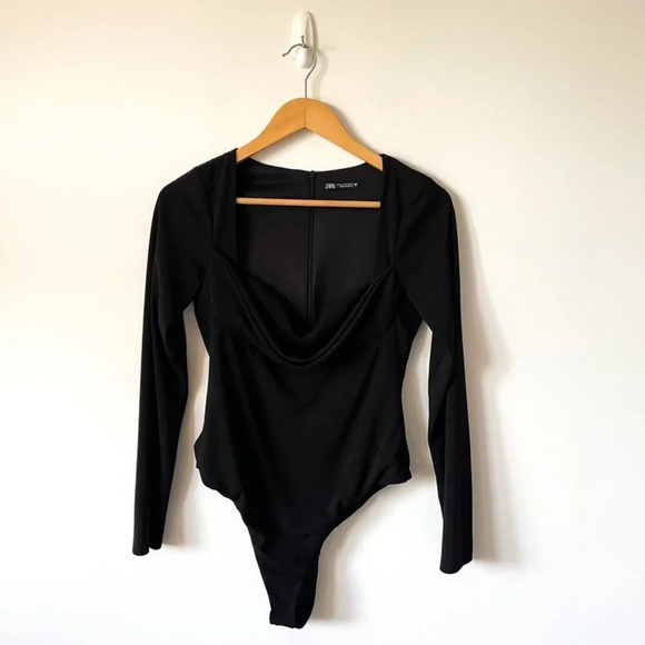 Zara Draped Long Sleeve Bodysuit Black Sz  M - Picture 4 of 8